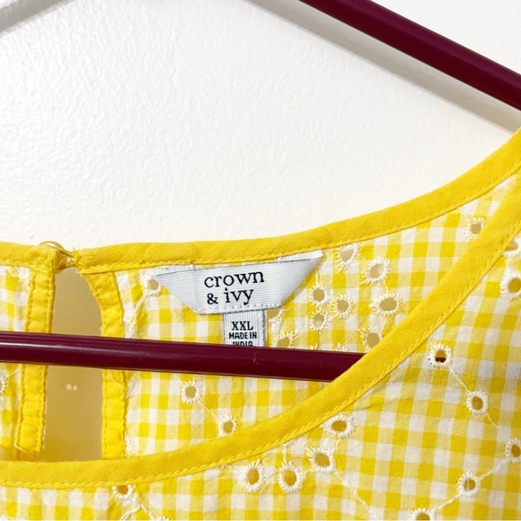 Crown & Ivy Top Women's XXL Yellow White Checkered GIngham Eyelet Blouse Preppy - Picture 6 of 7